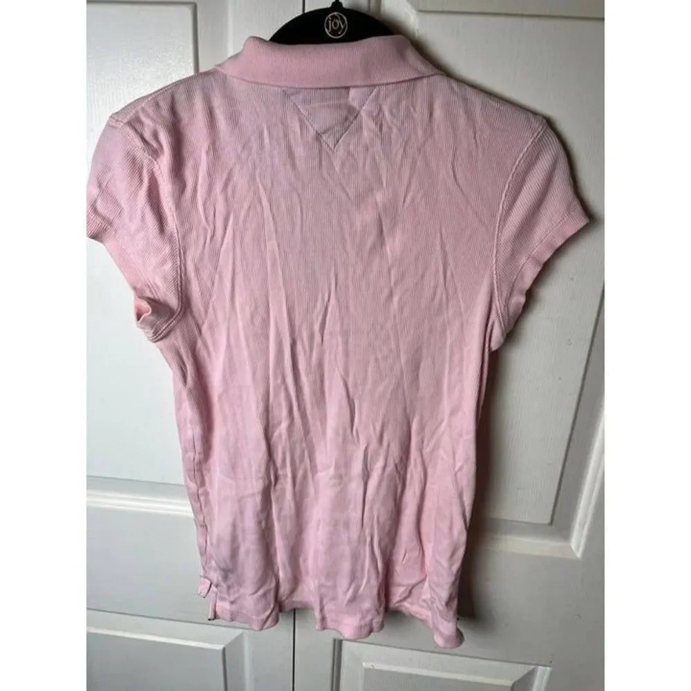 Tommy Hilfiger Shirt Top Women's Large Pink Stretch Collared Short Sleeve Button - Picture 2 of 4
